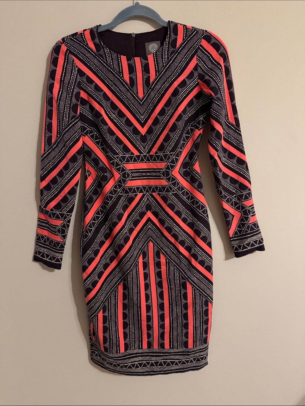 Navy and Coral Geometric Long-Sleeve Dress